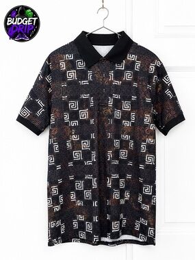 Men's Black Geometric Print Polo Shirt with Subtle Brown Accents